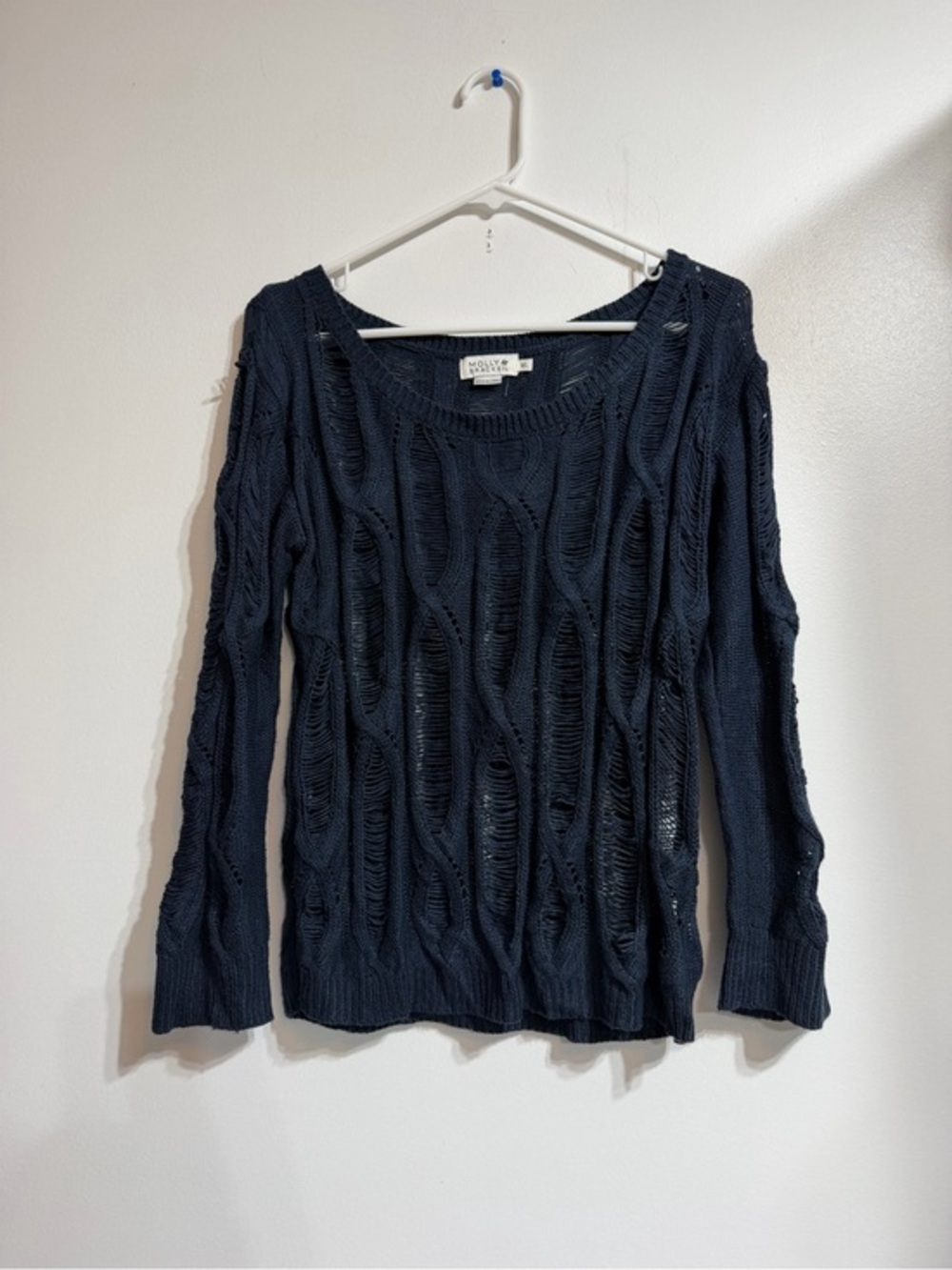 Molly Bracken Distressed Open Knit Ladder Sweater Size M/L Navy Blue